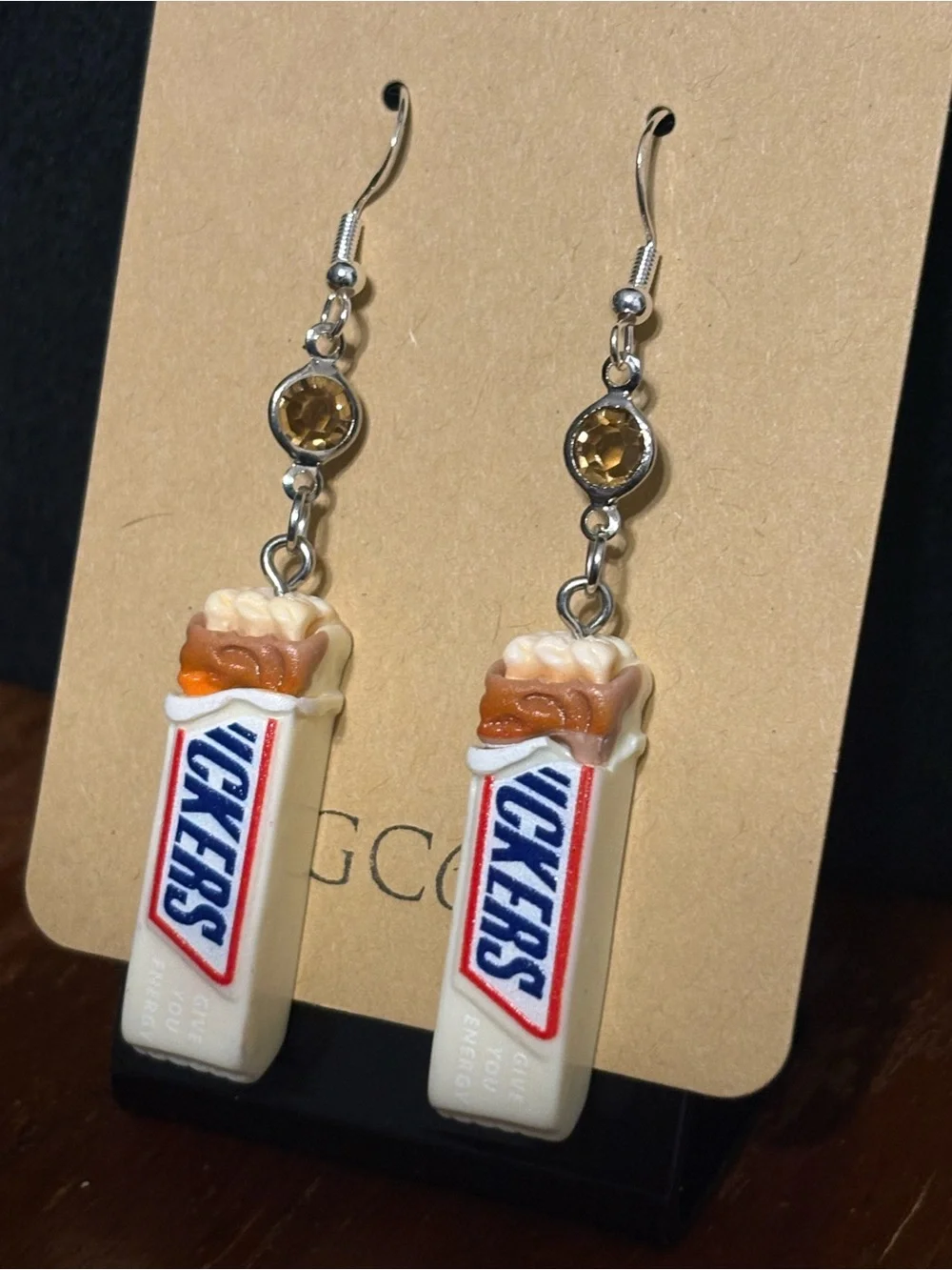 Miniature Candy Bar Dangle Earrings white wrapper gem accents